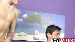 Beautiful young gays sucking cocks and banging in threesome