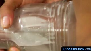 Twinks trade penis massages and play with fleshlight until cum