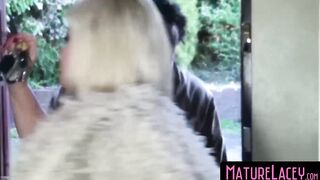A plump elderly woman named Lacey Starr has a deep mouth and ebony hair
