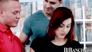 Bi threesome with muscular hunks and a lovely redhead slut