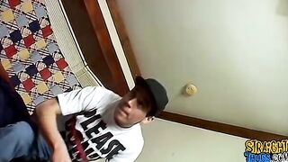 Straight guy slips out of his boxers exposing his huge cock