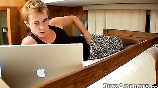 Handsome Shane Allen takes all four dicks in his mouth and handjobs it