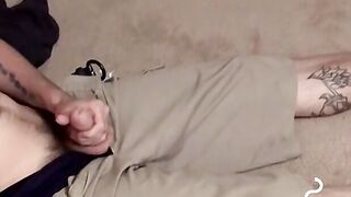 Tattooed skinny dude smoking and shooting cum on the floor