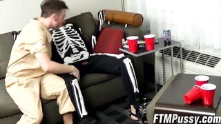 FTMPussy.com - Naughty ftm Luke sucks Zack Grays huge cock in skeleton suit