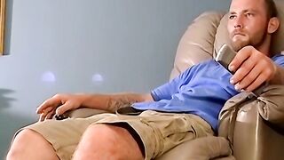 Bearded amateur filmed watching porn and stroking his cock
