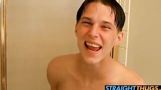 Aaron gets horny and beats hard cock on bathroom floor