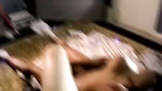 Ebony amateur slobbers on big white cock and rims his man