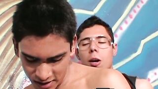 Young Latino twinks have bareback threesome fuck train