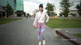 Transparent pants and sheer shirt into outdoors