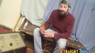 Bearded straight hunk lubes his little dick and jerks off