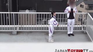 Japanese tennis babe plays with her pussy after practice