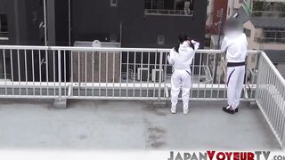 Japanese tennis babe plays with her pussy after practice