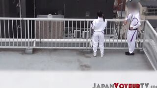 Japanese tennis babe plays with her pussy after practice