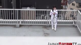 Japanese tennis babe plays with her pussy after practice