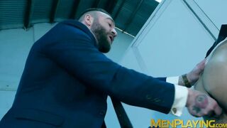 Blindfolded businessman Dani Rivera sucked dildo and fucked