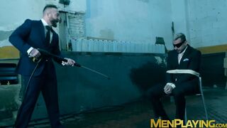 Blindfolded businessman Dani Rivera sucked dildo and fucked