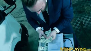 Blindfolded businessman Dani Rivera sucked dildo and fucked