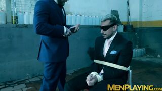 Blindfolded businessman Dani Rivera sucked dildo and fucked