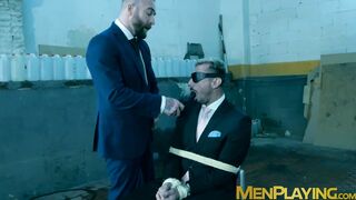 Blindfolded businessman Dani Rivera sucked dildo and fucked
