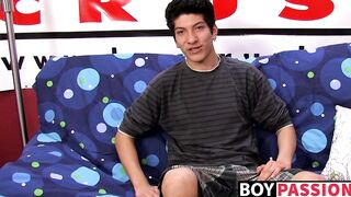 Interviewed young twink jerks off his big dick and cums