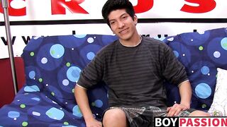 Interviewed young twink jerks off his big dick and cums