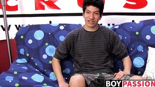 Interviewed young twink jerks off his big dick and cums