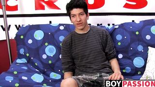 Interviewed young twink jerks off his big dick and cums