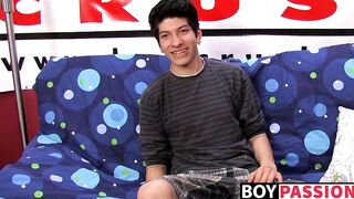 Interviewed young twink jerks off his big dick and cums
