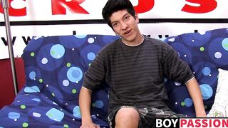 Interviewed young twink jerks off his big dick and cums