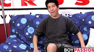 Interviewed young twink jerks off his big dick and cums