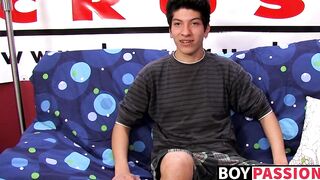 Interviewed young twink jerks off his big dick and cums