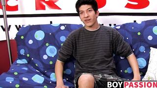 Interviewed young twink jerks off his big dick and cums