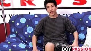 Interviewed young twink jerks off his big dick and cums