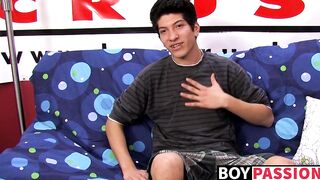 Interviewed young twink jerks off his big dick and cums