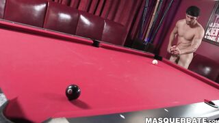 Attractive jock plays pool before stroking his big hard cock