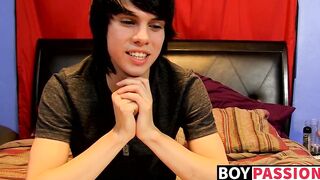 Young man tugs on his cock vigorously after kinky interview