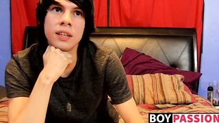 Young man tugs on his cock vigorously after kinky interview
