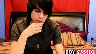 Young man tugs on his cock vigorously after kinky interview