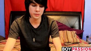 Young man tugs on his cock vigorously after kinky interview