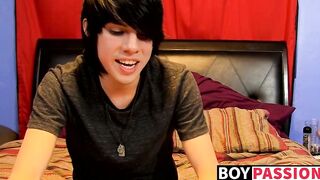 Young man tugs on his cock vigorously after kinky interview