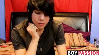 Young man tugs on his cock vigorously after kinky interview
