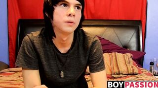 Young man tugs on his cock vigorously after kinky interview
