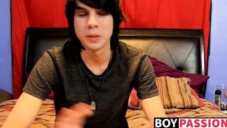 Young man tugs on his cock vigorously after kinky interview