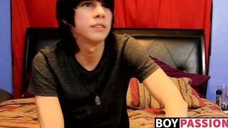 Young man tugs on his cock vigorously after kinky interview