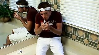 Gorgeous Christian Taylor stroking and smoking in the tub