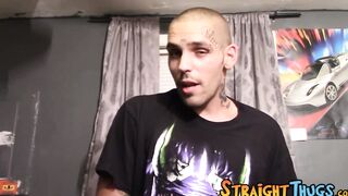 Tattooed straight thug struggles while jerking off his dick