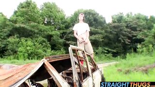 Twink Sean gets horny and wanks long cock outdoors