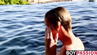 Blond twinky goes for a swim and then strokes his cock