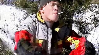 Uncut cock stroking and chainsmokin in the snow by lustful Roma