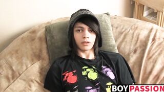 Skinny twink Roxy stuffs dildo and wanks off after interview